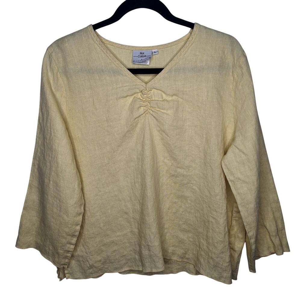 Vintage Hot Cotton 100% Linen Boxy Top Large Butter Yellow Ruched Boho Lagenlook